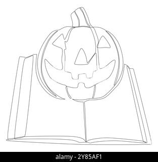 Eine durchgehende Buchreihe mit Halloween Jack O' Lantern. Vektorkonzept für die Darstellung dünner Linien. Konturzeichnung kreative Ideen. Stock Vektor