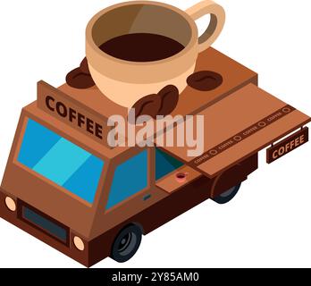 Kaffee-Truck. Isometrisches Symbol für den Transport von Lebensmitteln auf der Straße Stock Vektor