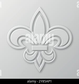 Vector Realistic Paper 3D Fleur De Lis Nahaufnahme auf weißem Hintergrund. Heraldisches Lily-Zeichen, Vektorbild Stock Vektor