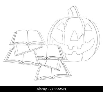 Eine durchgehende Buchreihe mit Halloween Jack O' Lantern. Vektorkonzept für die Darstellung dünner Linien. Konturzeichnung kreative Ideen. Stock Vektor