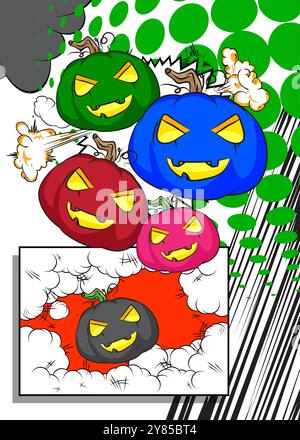 Cartoon viele kleine Jack O' Lantern, Comic-Buch Halloween Kürbis. Retro-Vektor-Comics Pop-Art-Design. Stock Vektor