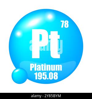 Platin-Symbol. Chemisches PT-Element. Atomzahl 78. Masse 195.08. Blauer Kugelvektor. Stock Vektor
