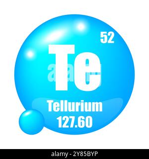 Tellursymbol. Chemisches TE-Element. Atomzahl 52. Masse 127.60. Blaues Kugelbild. Vektorsymbol. Stock Vektor