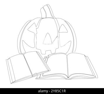 Eine durchgehende Buchreihe mit Halloween Jack O' Lantern. Vektorkonzept für die Darstellung dünner Linien. Konturzeichnung kreative Ideen. Stock Vektor