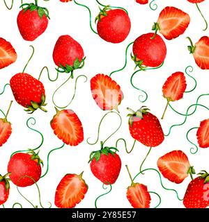 Dieses helle und bunte nahtlose Erdbeermuster eignet sich perfekt für eine Vielzahl von Projekten und Designs im Lebensmittelbereich. Digitale Kunst im Aquarellstil, zum Drucken auf Stoff und Papier. Stockfoto