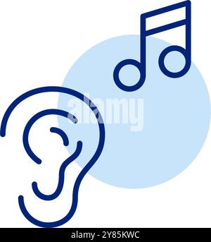 Ohr und musikalische Note. Audiodatei wird abgespielt. Verbesserte Hörtechnologien. Pixelperfektes, bearbeitbares Konturvektorsymbol Stock Vektor