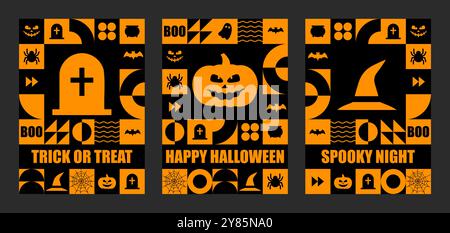 Happy Halloween Postkarten. Set mit 3 minimalen Vintage-Poster im geometrischen Design der 20er Jahre mit orangefarbenen Elementen primitiver Formen. Geometrisches Muster für Neugeborene Stock Vektor