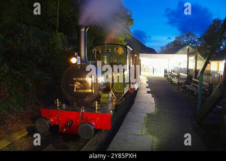 Nr. 2, Dolgoch, Lokomotive, Nacht, Bahnhof Abergnolwyn, Tal y Llyn Railway, Nordwales, Stockfoto