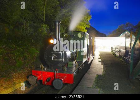 Nr. 2, Dolgoch, Lokomotive, Nacht, Bahnhof Abergnolwyn, Tal y Llyn Railway, Nordwales, Stockfoto