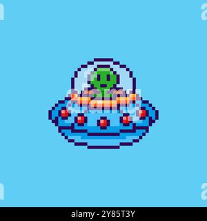 Pixel Art Alien im UFO Raumschiff Game Asset Design Stock Vektor