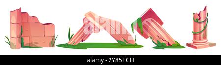 Alte Bauruinen auf weißem Hintergrund. Vektor-Zeichentrickillustration von beschädigten antiken Marmorsäulen, gerissenen Ziegelmauern, Steinstücken bedeckt mit Moos und Efeu, historischem Palast Stock Vektor