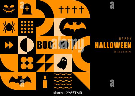 Halloween-Banner. Moderner geometrischer abstrakter Hintergrund des Neo. Horizontales Poster, Grußkarte, Kopfzeile für Website. Zusammensetzung einfacher Symbole in Stock Vektor