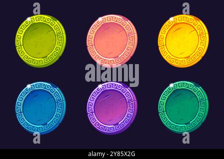 Set farbiger Münzen mit Ornament. Leere Coins-Vorlage für Ihr Design. Leere Medaillen. Runde Symbole für 2D-Spiele oder Slots Stock Vektor