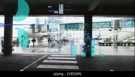 Datenanalysen und Diagrammbilder über Flughafenterminal mit Flugzeug und Jet Bridge Stockfoto