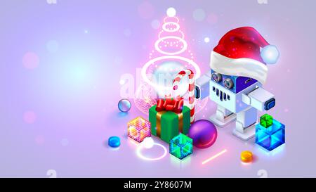 Cartoon-Spielzeugroboter mit Weihnachtsmann-Hut in der Nähe des Weihnachtsbaums mit Geschenken. Hintergrund oder Grußkarte zu Weihnachten und Neujahr für Kinder Hobbyraub Stock Vektor