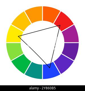 Tortendiagramm mit Pfeil. Farbpalettenführung. Farbrad Regenbogenfarbe. Farbradvektor. Abbildung: Druckfarbenrad mit zwölf Farben. Stock Vektor