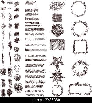Strikethrough, Doodles, Squiggles Set und Rahmen. Sammlung von 63 freihändig gezeichneten schwarzen Kritzeleien, Kritzelrahmen, Kritzeleien auf weiß Stock Vektor