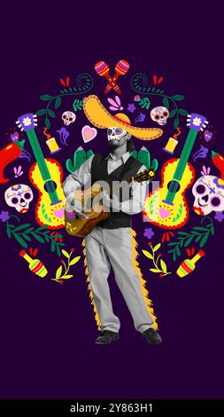 Zeitgenössische Kunstcollage. Gitarrist in Day of Dead-Kleidung spielt umgeben von bunten Schädeln, Gitarren und traditionellen Symbolen in lebendiger Atmosphäre Stockfoto