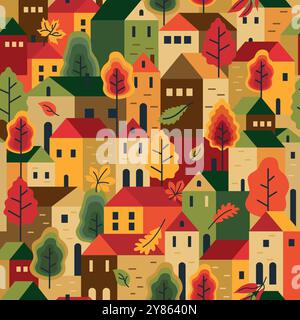 Nahtloses Muster von Bäumen und Häusern. Herbst, Herbst, Stadtlandschaft. Geschenkpapier, Tapeten, Textilien, Stoff usw. Stock Vektor