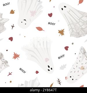 Niedliches, nahtloses Muster für Geisterboo-Feiertagscharakter. Vektor-Halloween-Illustration auf weißem Hintergrund. Stock Vektor