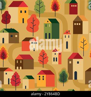 Nahtloses Muster von Bäumen und Häusern. Herbst, Herbst, Stadtlandschaft. Geschenkpapier, Tapeten, Textilien, Stoff usw. Stock Vektor