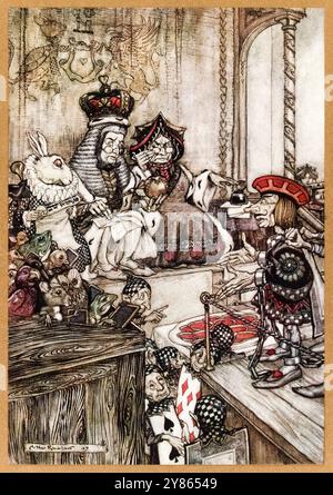 "Wer hat die Tarts gestohlen?" Illustration aus „Alice's Adventures in Wonderland“ von Lewis Carroll (1832-1898), Kunstwerk von Arthur Rackham (1867-1939), das die Herzkönigin am Gerichtshof zeigt. Foto aus einer 1907 erschienenen Erstausgabe von William Heinemann, London und Doubleday, Page & Co, New York. Foto: AF Fotografie / Private Collection Stockfoto