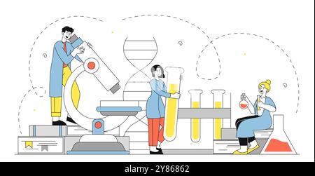 Menschen mit Chemie. Mann mit Mikroskop und Frau mit Reagenzgläsern. Wissenschaftler, die chemische Experimente im Labor durchführen. Mikrobiologie und Stock Vektor