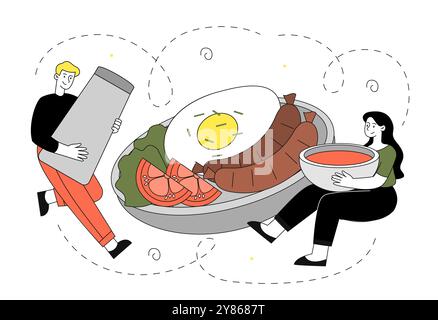 Personen mit Frühstück. Mann mit Pfeffer und Frau mit Sauce neben dem Teller mit Bratwürsten, Tomatenstück und Salat. Gesundes Morgenessen. Linear Stock Vektor