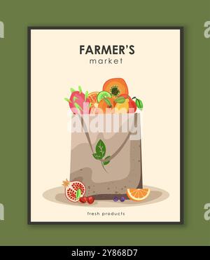 Plakat für den Bauernmarkt. Paket mit Früchten und Beeren. Natürliche und biologische Ernährung mit Vitaminen. Landwirtschaft und Landwirtschaft. Illustration des flachen Vektors Stock Vektor