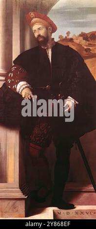 MORETTO da Brescia (* ca. 1498, Brescia, d. 1554, Brescia) Portrait of a man 1526 Oil on Canvas, 198 x 88 cm National Gallery, London --- Schlüsselwörter: ----------------- Autor: MORETTO da Brescia Titel: Porträt eines Mannes Zeitlinie: 1501-1550 Schule: Italienisch Form: Malerei Art: Porträt Stockfoto