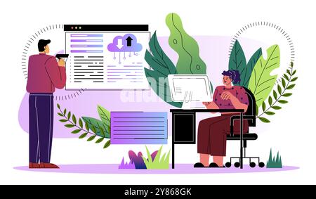 Arbeiten Sie mit Cloud-Speicher zusammen. Mann und Frau mit Laptop-Dateien im Internet austauschen. Geschäftskommunikation und Zusammenarbeit, Datenbank. Flacher Vektor Stock Vektor