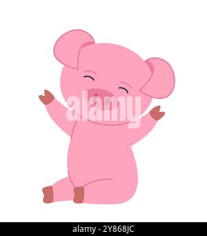 Niedlicher Schweineaufkleber. Niedliches rosafarbenes Tier im Sitzen. Säugetiere und Rinder. Niedlicher Charakter für Kinder. Aufkleber für soziale Netzwerke und Messenger. Flacher Vektor Stock Vektor