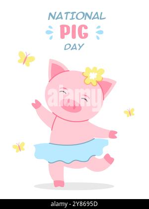 Poster zum nationalen Schweinetag. Süßes Ferkel in blauem Rock und Krone. Niedliche Abdeckung für Kinder. Fantasie und Fantasie. Broschüre und Broschüre. Flacher Vektor Stock Vektor