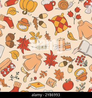 Warme, gemütliche Atmosphäre mit nahtlosem Herbstmuster. Farbenfroher Hintergrund mit Elementen und Attributen der Herbstsaison. Herbststimmung mit niedlichem Aufdruck für Textilien, Stock Vektor