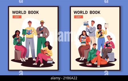 Weltbuchtag-Poster-Set. Liebe für Literatur und Lesen. Internationaler Feiertag und Festival 23. April. Bildung und Lernen, Ausbildung. Flach Stock Vektor