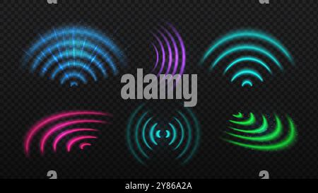 WIFI-Lichteffekt-Set. Kreisförmiger Welleneffekt. Radialsonarradar. Internet und kabellose Verbindung, moderne Technologie. Neon-Vektor-Sammlung Stock Vektor