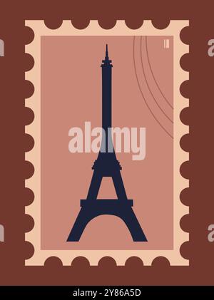 Stempel von Land. Silhouette des Eiffelturms. Paris und Frankreich. Reisen und Tourismus. Paket für Philatelist. Urlaub und Urlaub. Flacher Vektor Stock Vektor