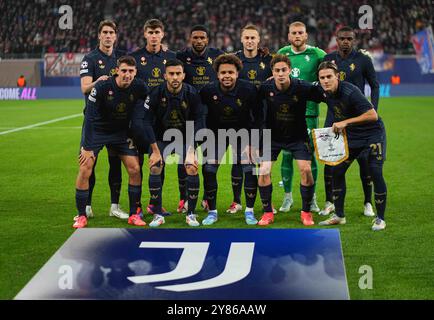 Red Bull Arena, Leipzig, Deutschland. Oktober 2024. Das Juventus-Team während eines Champions-League-Gruppenspiels am 2. Tag, RB Leipzig gegen Juventus, in der Red Bull Arena, Leipzig, Deutschland. Ulrik Pedersen/CSM/Alamy Live News Stockfoto