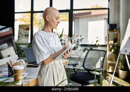 Eine junge Frau, die elegant gekleidet ist, nimmt an einem hellen Arbeitsplatz Notizen. Stockfoto