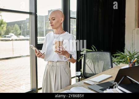 Sie steht mit einer Kaffeetasse in der einen Hand und einem Telefon in der anderen und strahlt Selbstvertrauen aus. Stockfoto