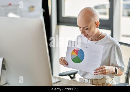 Eine junge kahlköpfige Frau studiert einen lebendigen Bericht, während sie an einem Schreibtisch in einer modernen Büroumgebung sitzt. Stockfoto