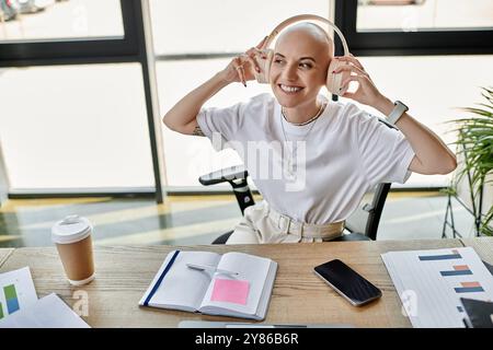 Eine junge kahlköpfige Frau in stilvoller Kleidung hört Musik mit einem Lächeln, während sie an ihrem Schreibtisch sitzt. Stockfoto