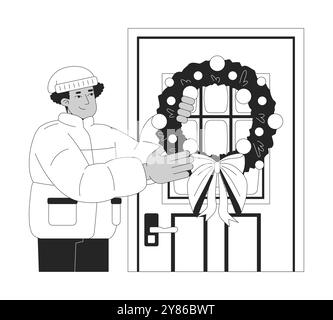 Puffer Coat man hängte Weihnachtskranz an der Vordertür schwarz-weiße 2D-Linienfigur Stock Vektor