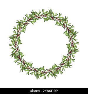 Weihnachtskranz aus grünen Zweigen mit Beeren. Handgezeichnete gemütliche Winterfeiertagsdekoration auf weißem Hintergrund, für Weihnachtsdekoration, Neujahr Stock Vektor
