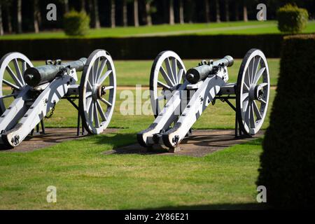 Französische Kanonen und Haubitzen aus der Schlacht von Waterloo auf dem Rasen des Royal Hospital in Chelsea, London Stockfoto