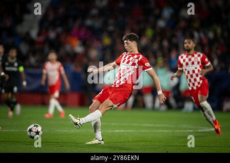 Girona, Spanien. Oktober 2024. Ladislav Krejci (Girona FC) wurde während eines Spiels der UEFA Champions League zwischen Girona FC und Feyenoord im Estadi Municipal de Montilivi gesehen. Endergebnis: Girona FC 2 - 3 Feyenoord Credit: SOPA Images Limited/Alamy Live News Stockfoto