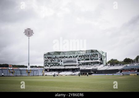 Allgemeine Ausblicke auf das Headingley Stadium, insbesondere auf den Carnegie Pavilion, in dem sich die Büros und die Mediensuite des Yorkshire Cricket Club befinden. Stockfoto