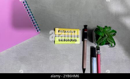 Konzept der Breakout-Sitzungen Schreiben Sie auf Haftnotizen, die auf Holztisch isoliert sind. Stockfoto