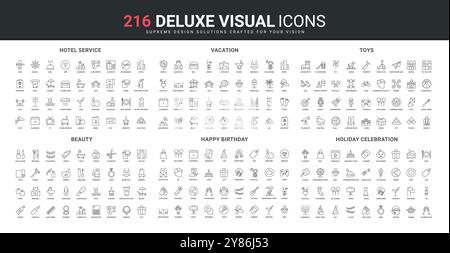 Geburtstagsfeier und Happy-Holiday-Feier, Kosmetik und Make-up-Symbol-Set. Spielzeug und Puzzle-Spiele für Kinder, Reise und Strandurlaub dünne schwarze Umrisssymbole Vektor-Illustration Stock Vektor