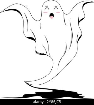 Weißer Geist mit offenem Mund und roten Wangen. Gruseliger Halloween-Charakter, niedliches Geisterdesign, lustiges Weihnachtskonzept, festliche Dekoration. Stock Vektor
